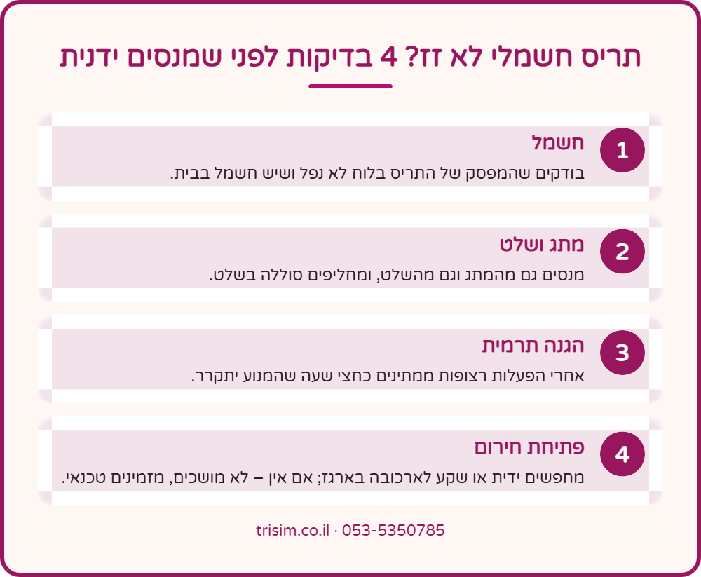 תריס חשמלי לא זז – 4 בדיקות לפני הורדה ידנית: חשמל, מתג ושלט, הגנה תרמית, פתיחת חירום